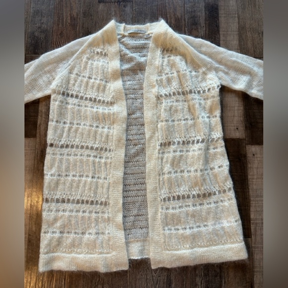 Allsaints Ivory Cole Wool Mohair Blend Open Knit Long Cardigan Size Medium - Picture 2 of 6
